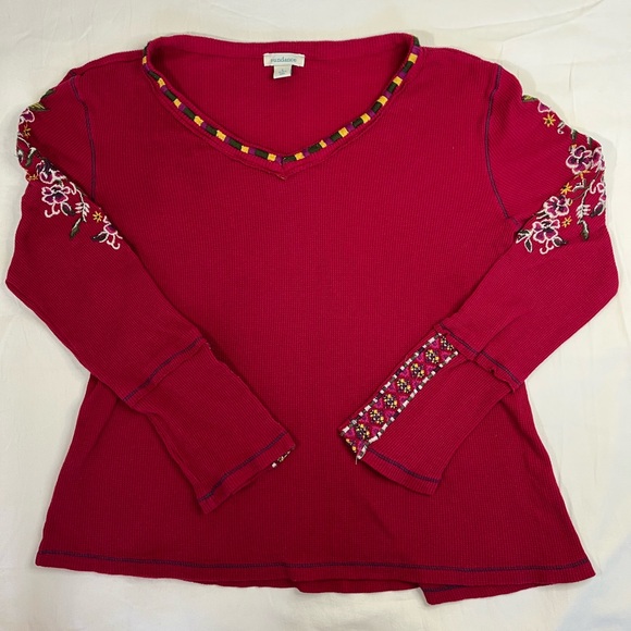 Sundance Tops - Sundance Red Thermal Waffle Weave Embroidered Cotton Top Shirt Women’s Large